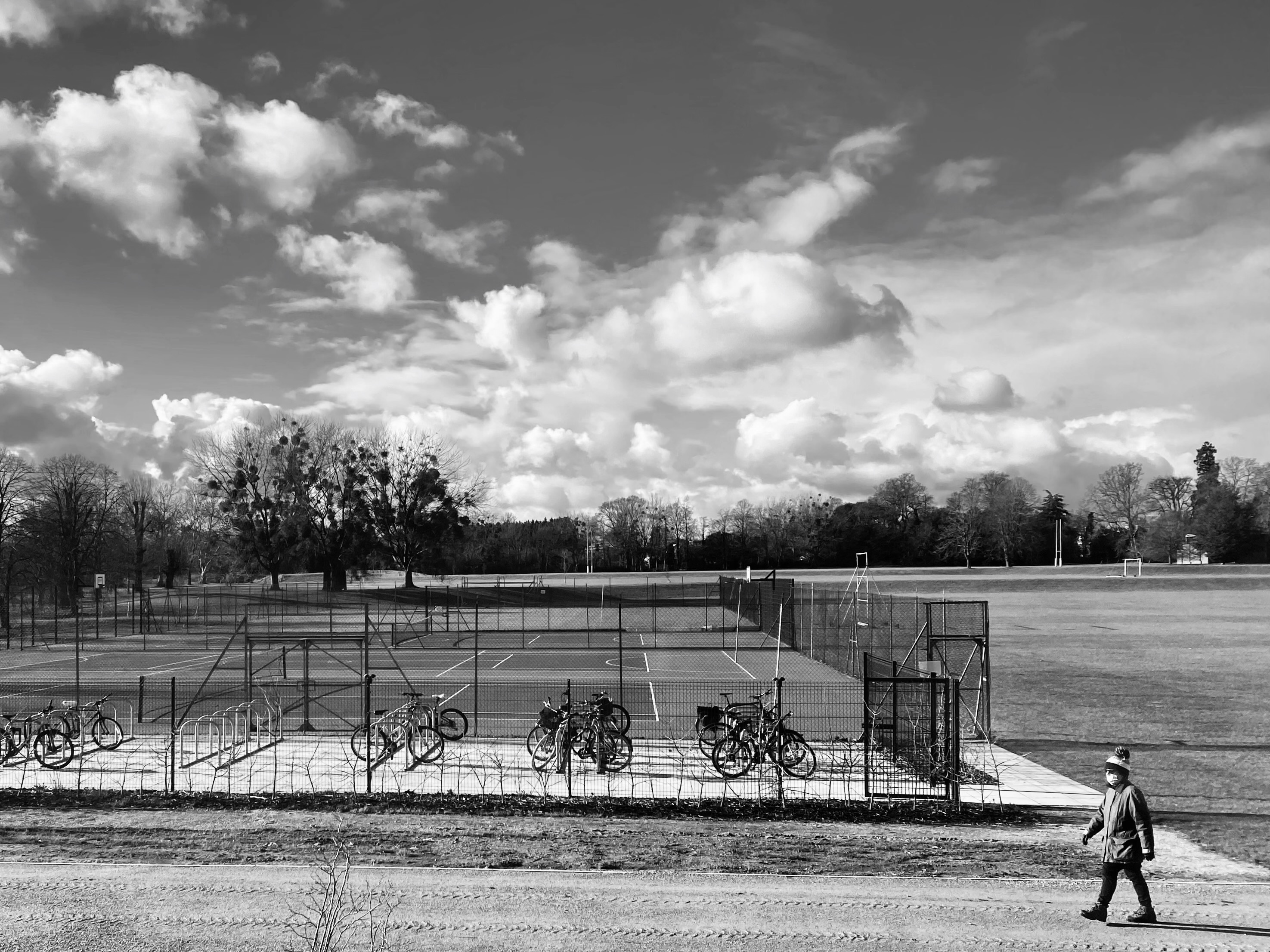 Black-and-white image of Churchill College, Cambridge